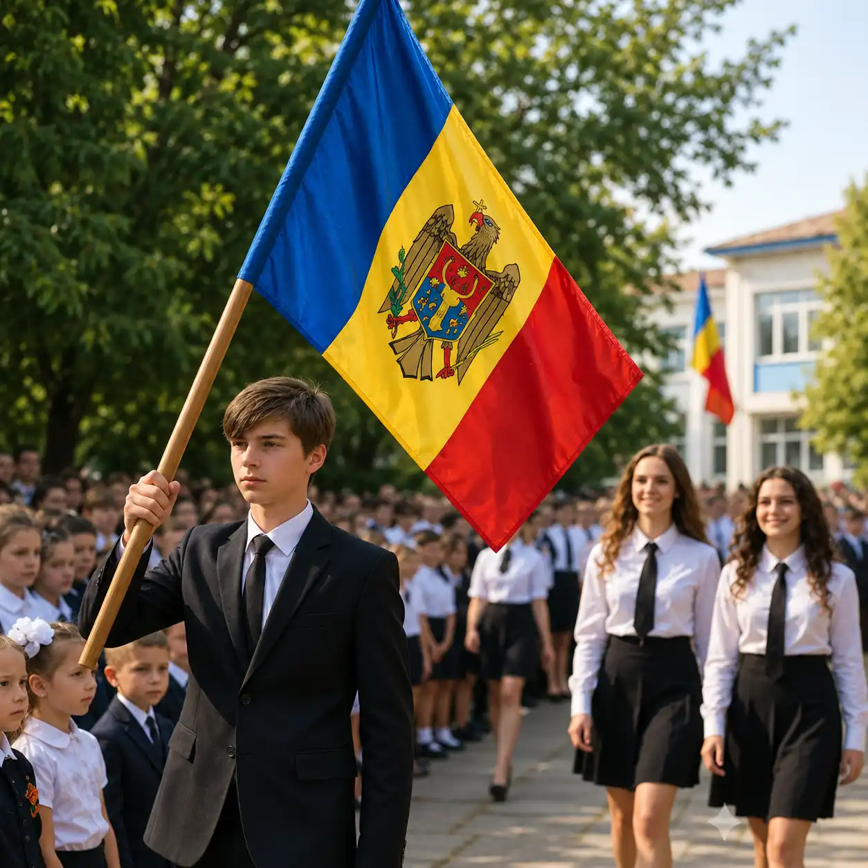 Elev în uniformă purtând drapelul Republicii Moldova la o ceremonie școlară
